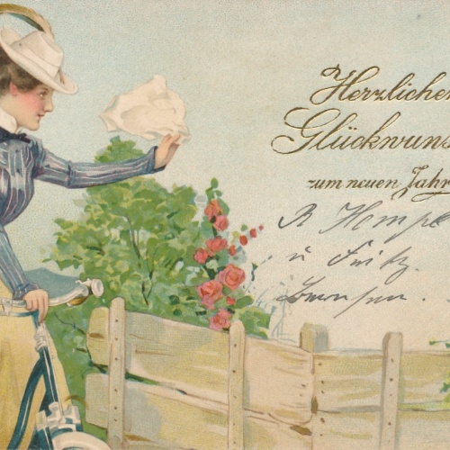 AK Radfahrerin Herzlichen Glückwunsch zum neuen Jahr Ansichtskarte (15747)