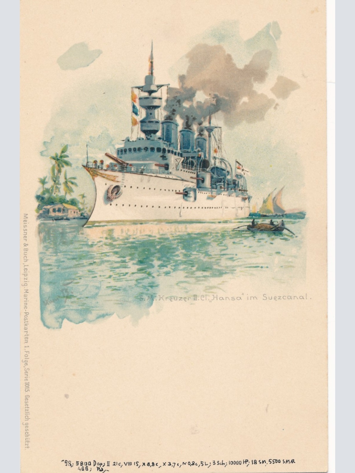 Litho - Karte vom S.M. Kreuzer ii Cl. Hansa Suezcanal Ansichtskarte (15789)
