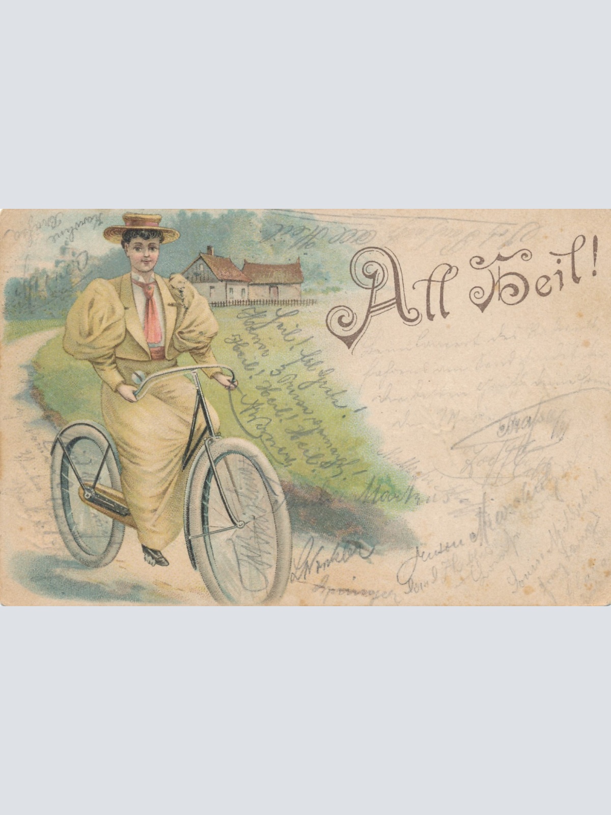 Litho - Karte von einer Radfahrerin All Heil Ansichtskarte (15744)