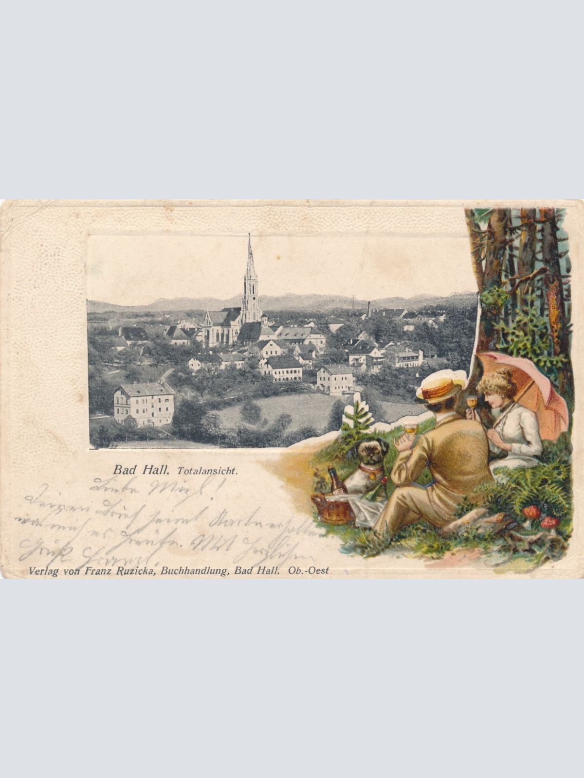 Präge - Karte aus Bad Hall mit Mann Frau und Hund Ansichtskarte (15525)