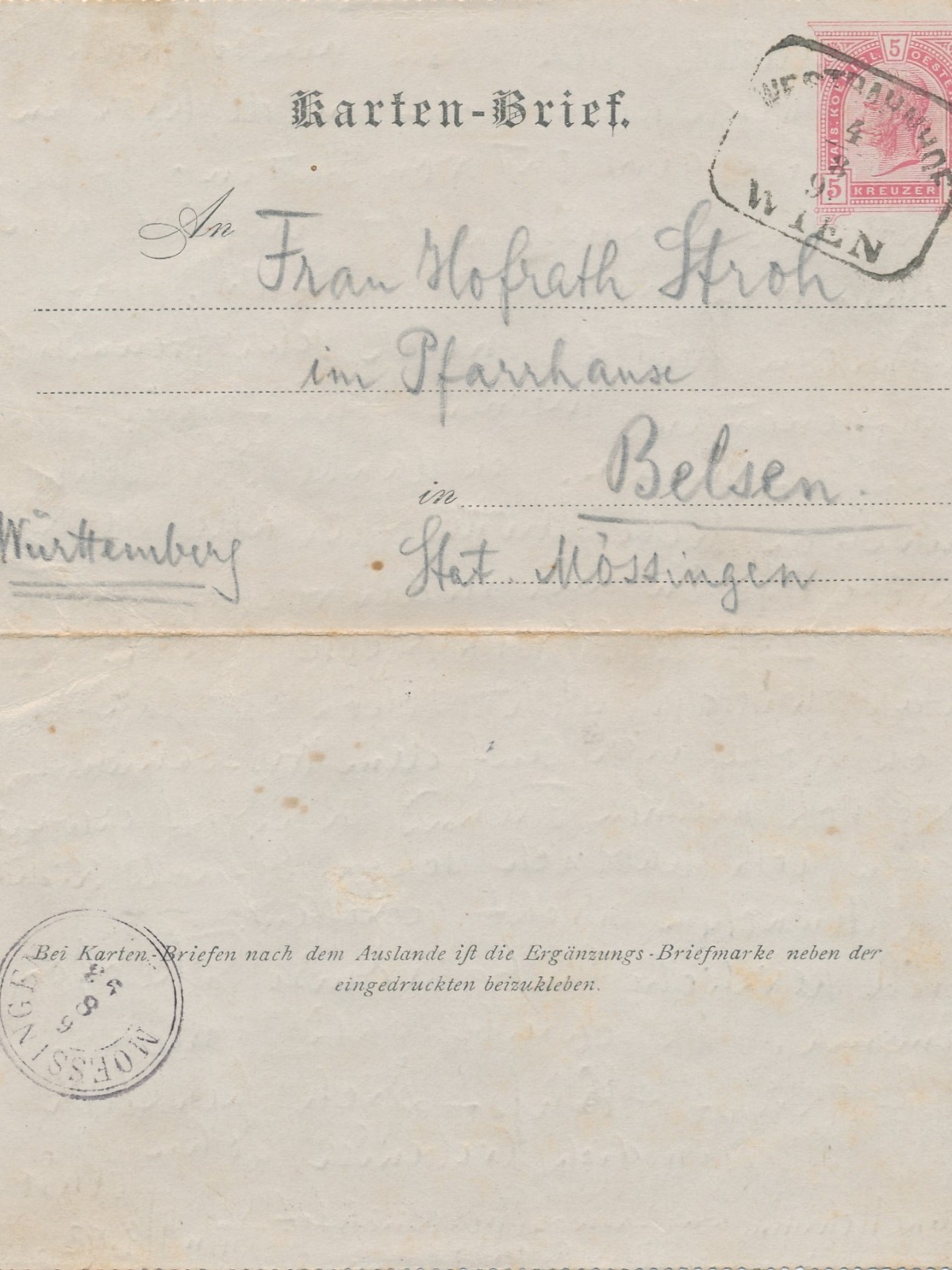 5 Kreuzer Ganzsachen - Kartenbrief - Karte aus Wien Westbahnhof (16271)