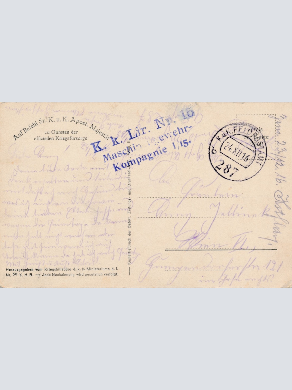 KuK Lir Nr. 10 Maschienengewehr Kompanie 1/15 Kaiser Franz Ansichtskarte (16154)