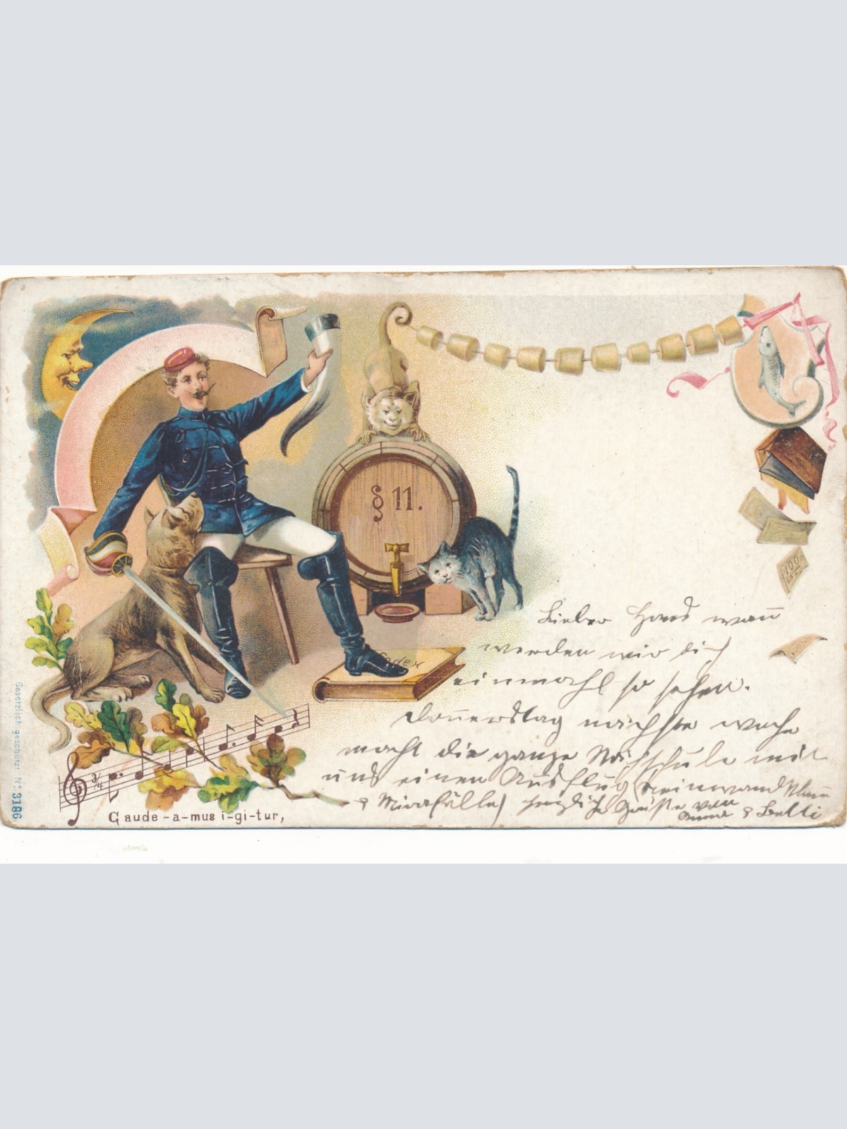 Motiv - Karte Soldat am Feiern mit Hund und Katze (15984)