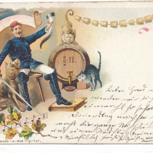 Motiv - Karte Soldat am Feiern mit Hund und Katze (15984)