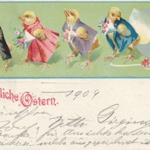 Glückwunschkarte Fröhliche Ostern Kücken mit Kleidung (15982)