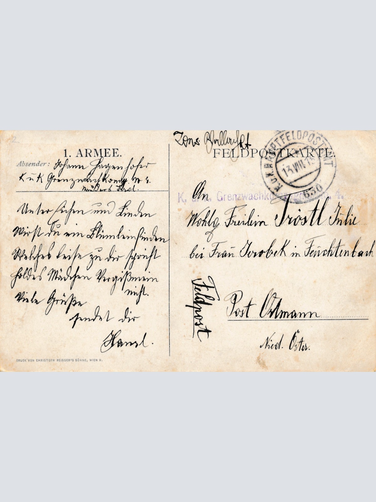 Feldpostkarte 650 KuK Grenzwachkompagnie Nr.4 Militaria Ansichtkarte (15717)