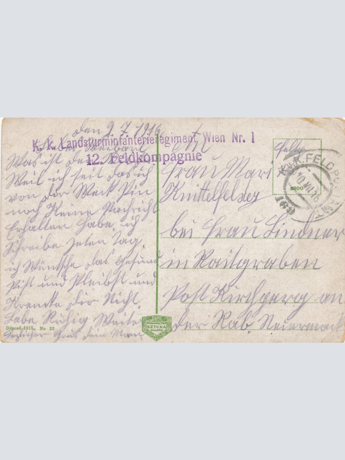 Feldpostkarte 169 KK Landsturminf Reg Wien Nr 1 12 Feldkompagne Lemberg (16343)