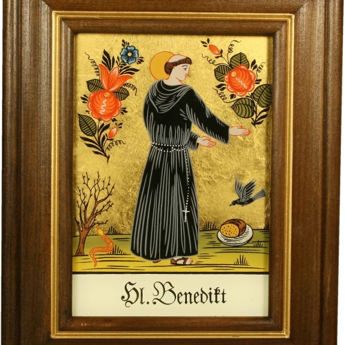Hinterglaswerkstätten - Hinterglasbild/Patronatsbild Hl. Benedikt mit braun