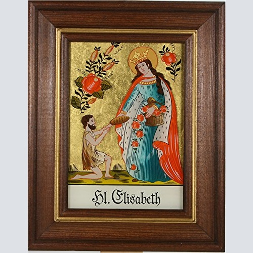 Hinterglaswerkstätten - Hl. Elisabeth, Handbemaltes Wandbild mit Holzrahmen,