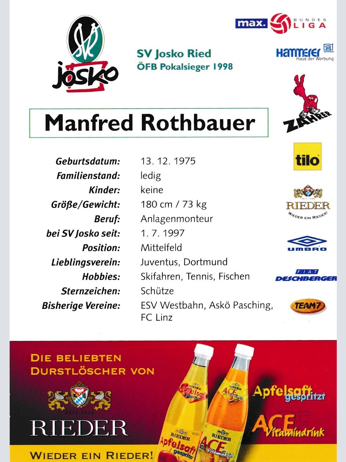 AK Autogrammkarte von Manfred Rothbauer Ansichtskarte (17222)