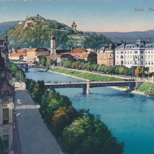 AK aus Graz Mur und Schloßberg Steiermark Ansichtskarte (17329)
