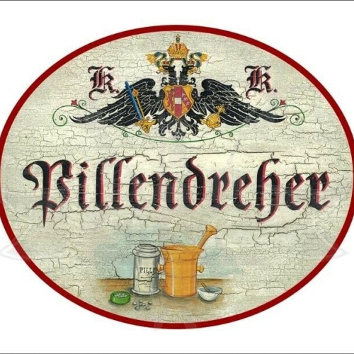 KuK Nostalgie Holzschild - Pillendreher - Mörser Tabletten TH (Größe: 19x23)