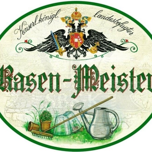 KuK Nostalgie Holzschild - Landesbefugter Rasen-Meister - Rechen Gießkanne TH