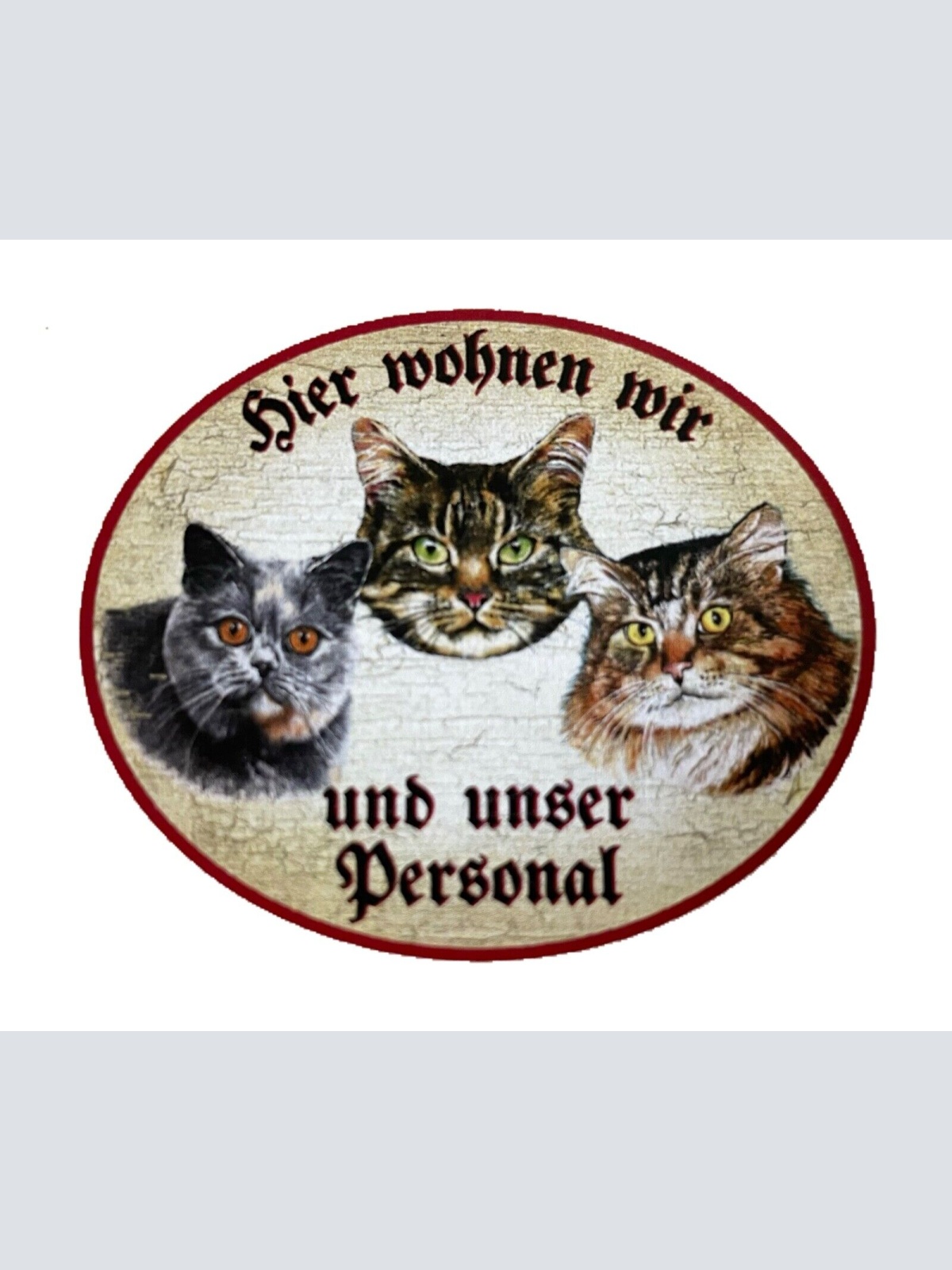 KuK Nostalgie Holzschild "Hier wohnen wir u.u. Personal“ Trio Katze Tabby Blau