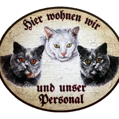 KuK Nostalgie Holzschild "Hier wohnen wir u.u. Personal“ Trio Katze R.Blau Weiß
