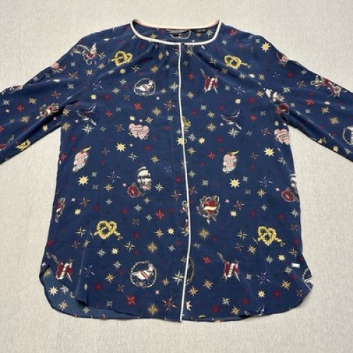 Tommy Hilfiger Luxus Seidenbluse Nautical Tattoo Print Navy Blau 100% Seide XS