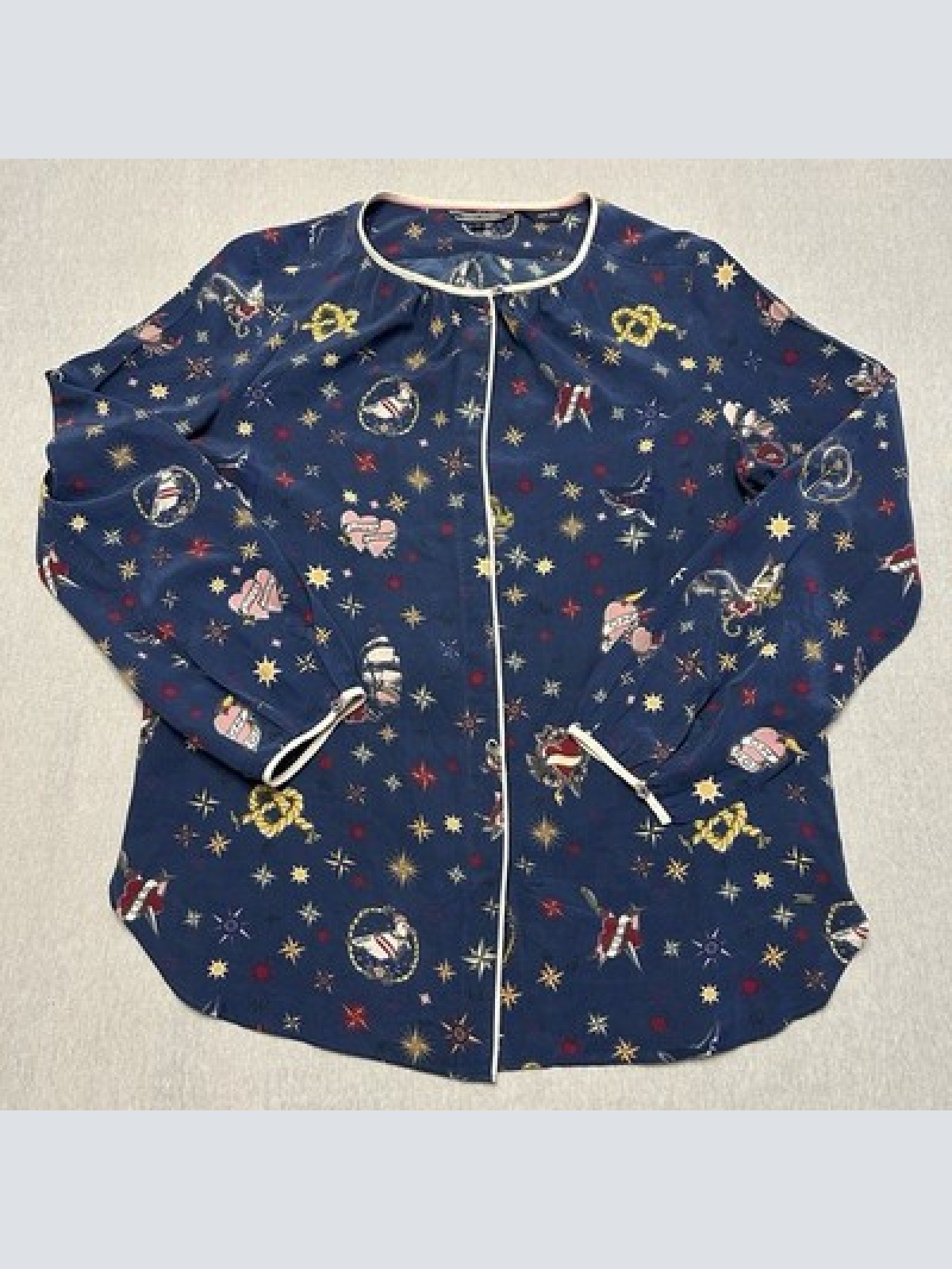 Tommy Hilfiger Luxus Seidenbluse Nautical Tattoo Print Navy Blau 100% Seide XS