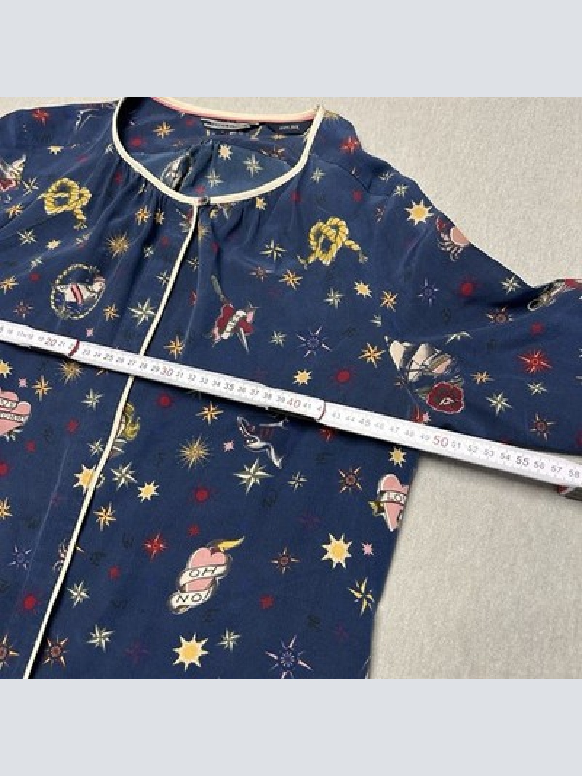 Tommy Hilfiger Luxus Seidenbluse Nautical Tattoo Print Navy Blau 100% Seide XS