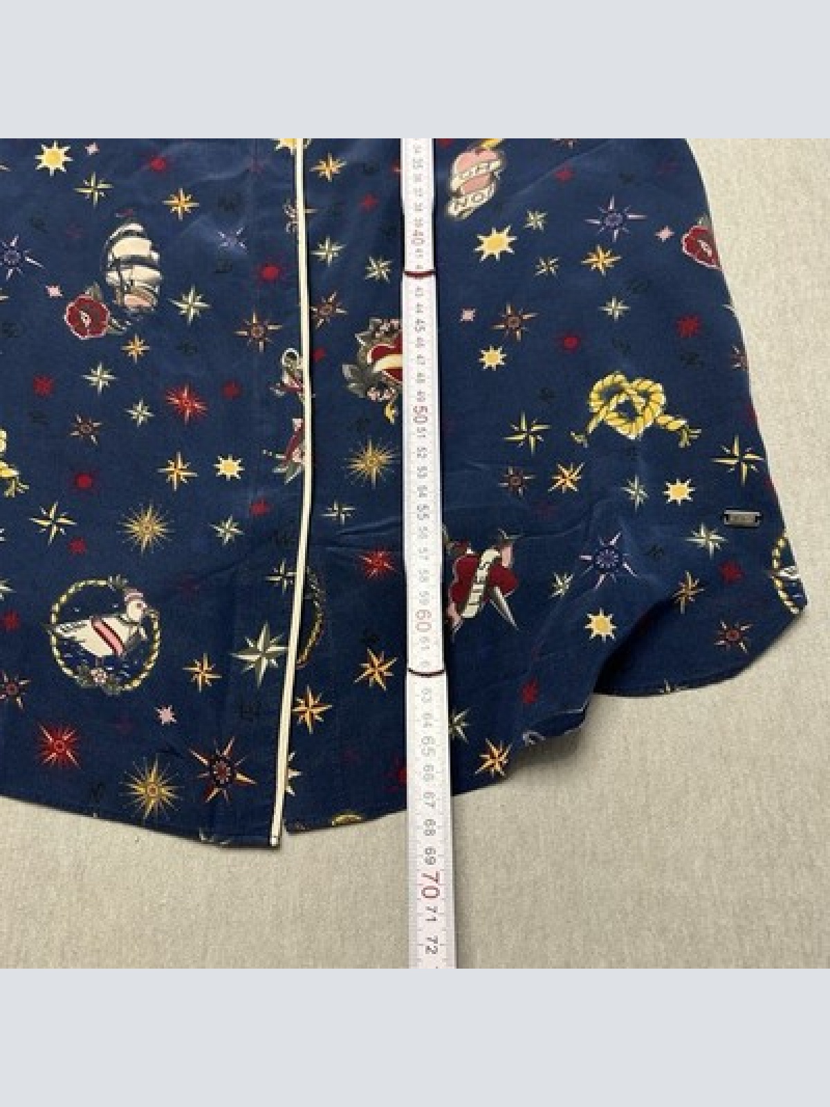 Tommy Hilfiger Luxus Seidenbluse Nautical Tattoo Print Navy Blau 100% Seide XS