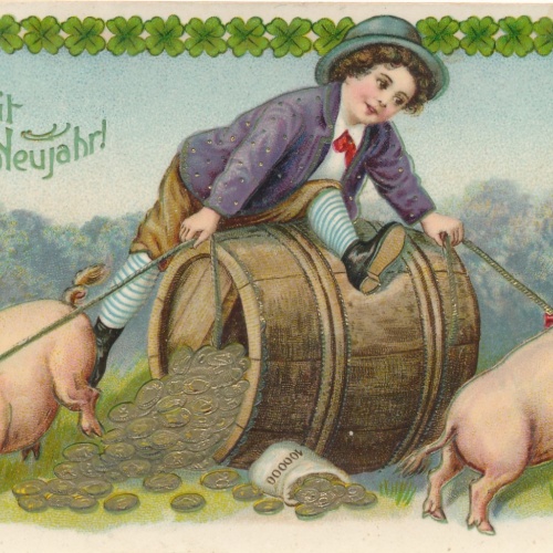 AK Prosit Neujahr Bub mit Schweinchen Ansichtskarte (18701)