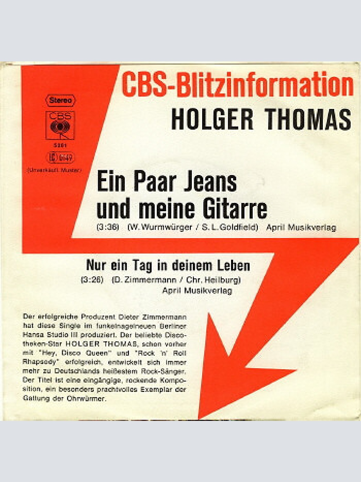 Holger Thomas - Ein Paar Jeans Und Meine Gitarre (7", Single, Promo)