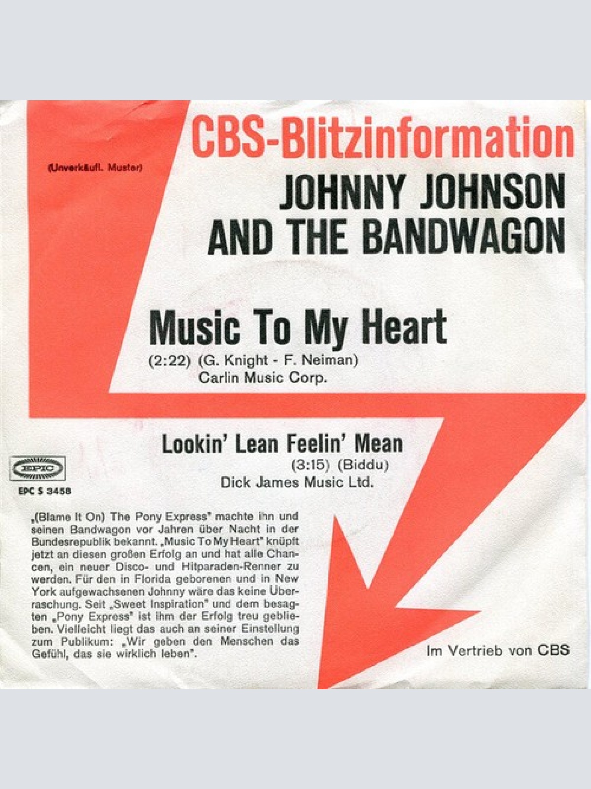 Johnny Johnson And The Bandwagon - Music To My Heart (7", Single, Promo)