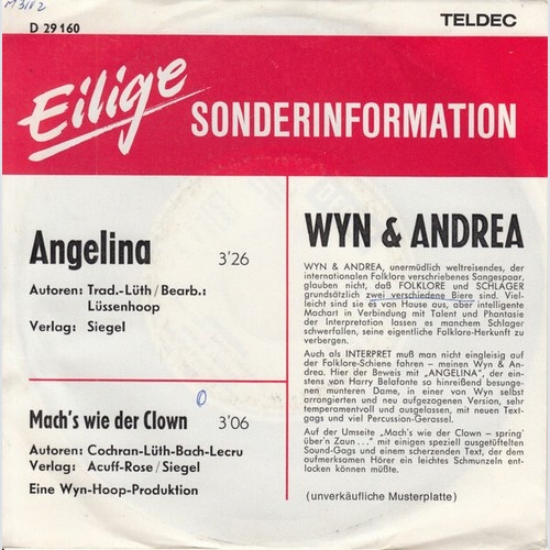 Wyn & Andrea - Angelina (7", Single, Promo)