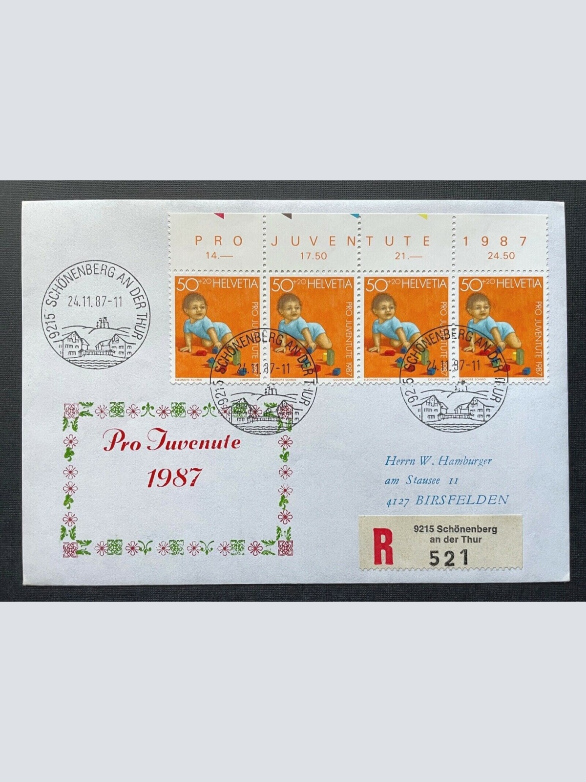 Brief Pro Juventute 1987 Reco Schönenberg Thur Schweiz ca.16,1x11,3cm 410329