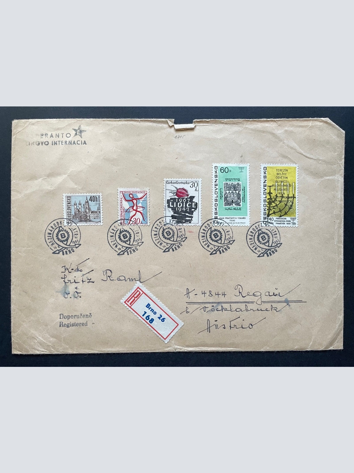 Brief Esperanto Pardubice CSSR OÖ Reco Brno26 1957 ca.22,9x16cm 410339