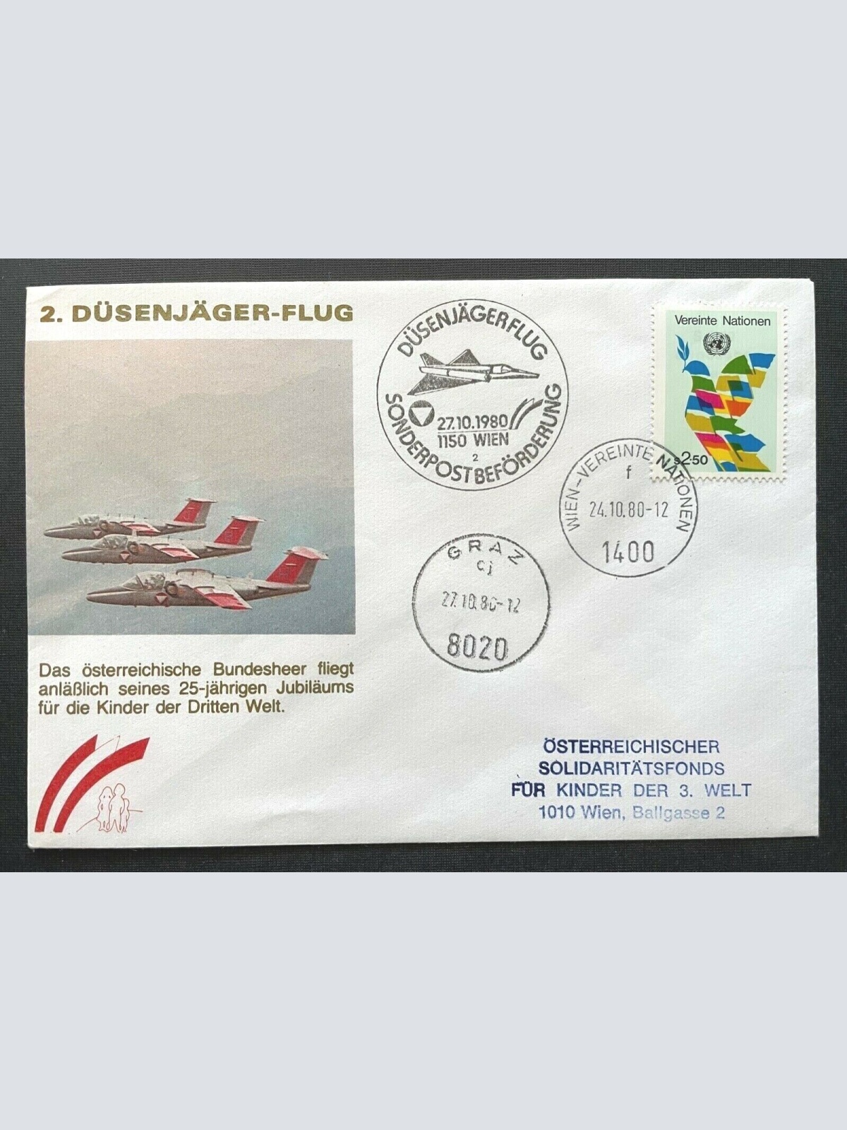 Brief 2.Düsenjäger-Flug Vereinte Nationen Graz 1980 ca.16,1x11,4cm 410345