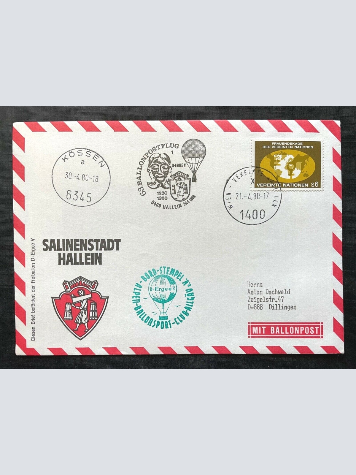 Brief Salinenstadt Hallein Ballonpost Bordstempel 1980 ca.16,1x11,4cm 410346