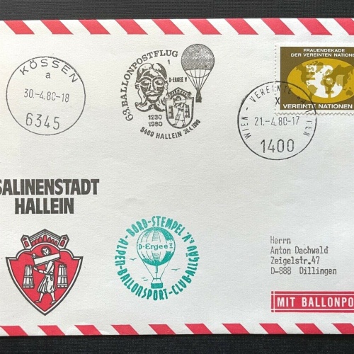 Brief Salinenstadt Hallein Ballonpost Bordstempel 1980 ca.16,1x11,4cm 410346