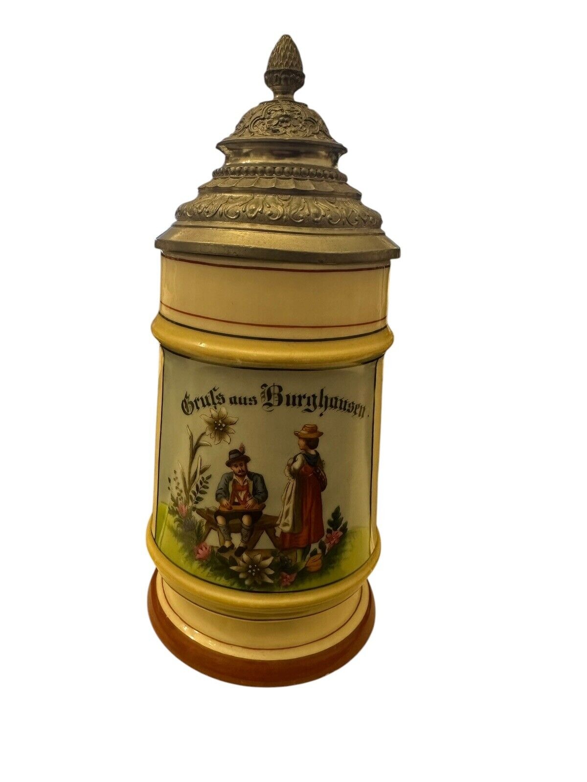 Gruß aus Bierkrug Burghausen  Zinndeckel Bodenbild 0,5 L ca. 21 cm um 1920