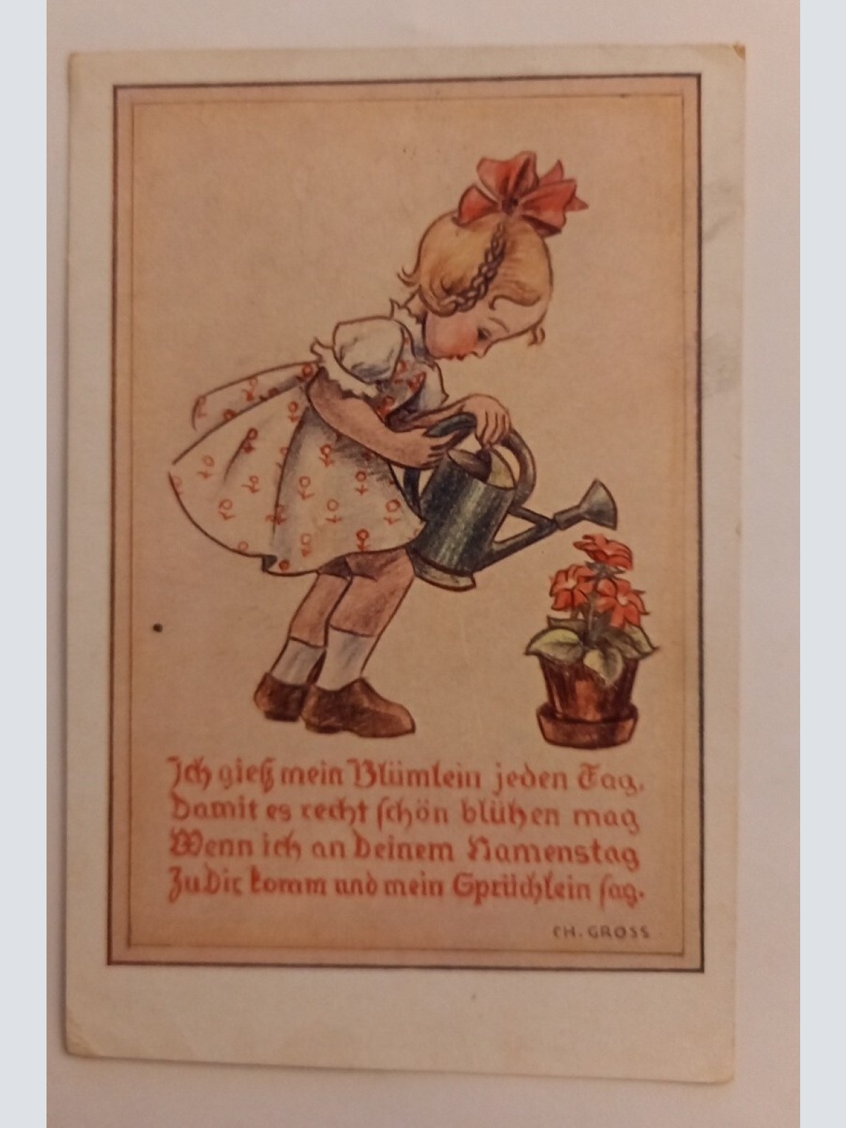 Künstlerkarte Mädchen mit Gießkanne und Blumentopf 600668A gr D