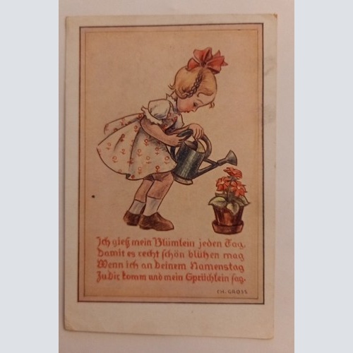 Künstlerkarte Mädchen mit Gießkanne und Blumentopf 600668A gr D