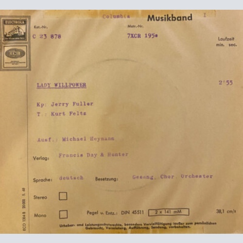 Michael Heymann - Lady Willpower (7", Single, Promo)