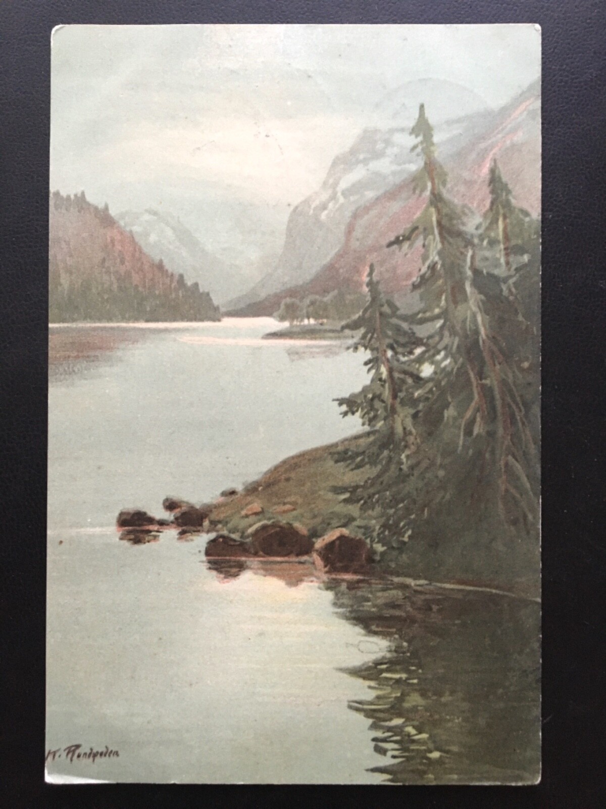 Mondscheinabend (K.Rundspaden) - Seelandschaft Spiegelung - Künstlerkarte 910 TH