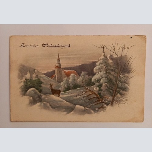 Herzlichen Weihnachtsgruß, Reh und Kirche  500124A gr D