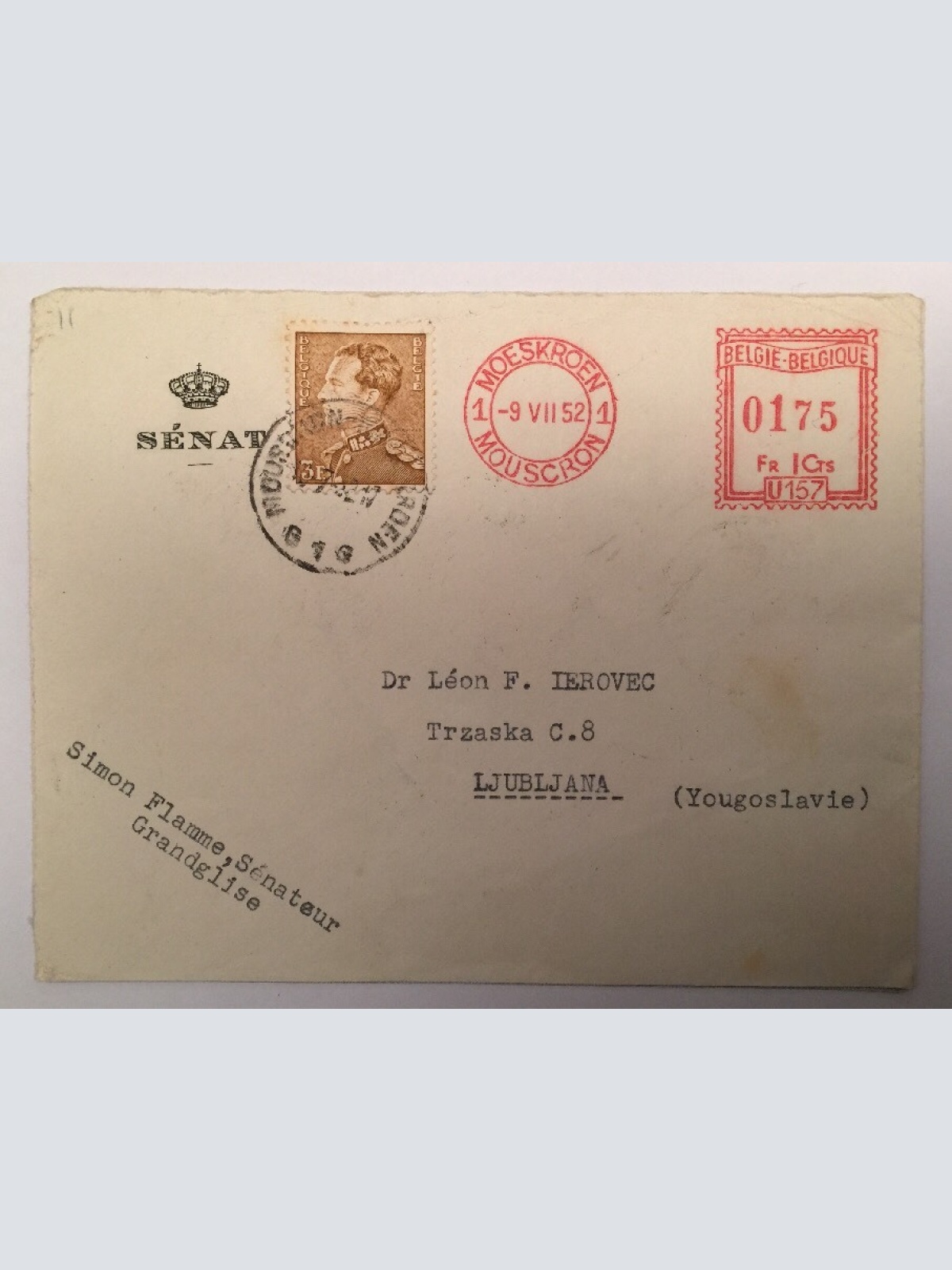 Brief Belgien Moeskroen Ljubljana 1952 14548A