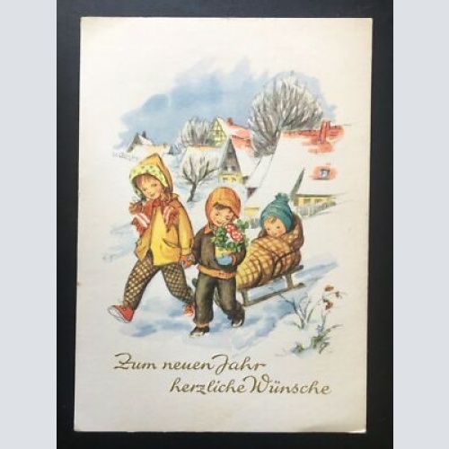 Zum neuen Jahr herzliche Wünsche - Kinder mit Schlitten - Winter 140402 TH