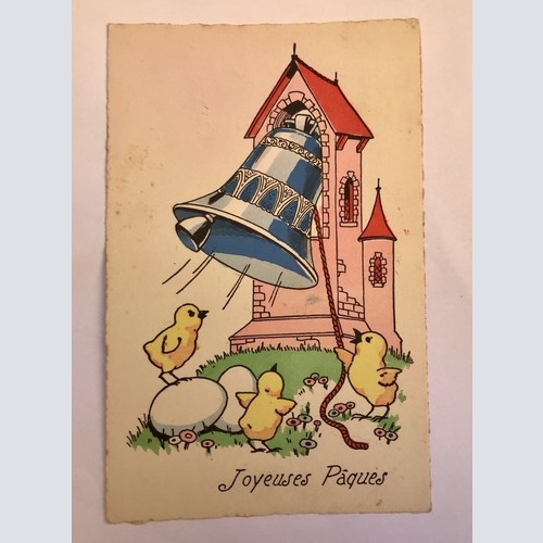 AK, Frohe Ostern, Joyeuses Paques, Kücken, Kirchturm, Glocke (40001 BW)