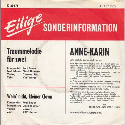 Anne-Karin* - Traummelodie Für Zwei (7", Single, Promo)