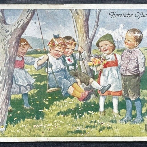 Herzliche Ostergrüße Kinder Schaukel Tracht Blumen Wiese K.Feiertag 402697 TH