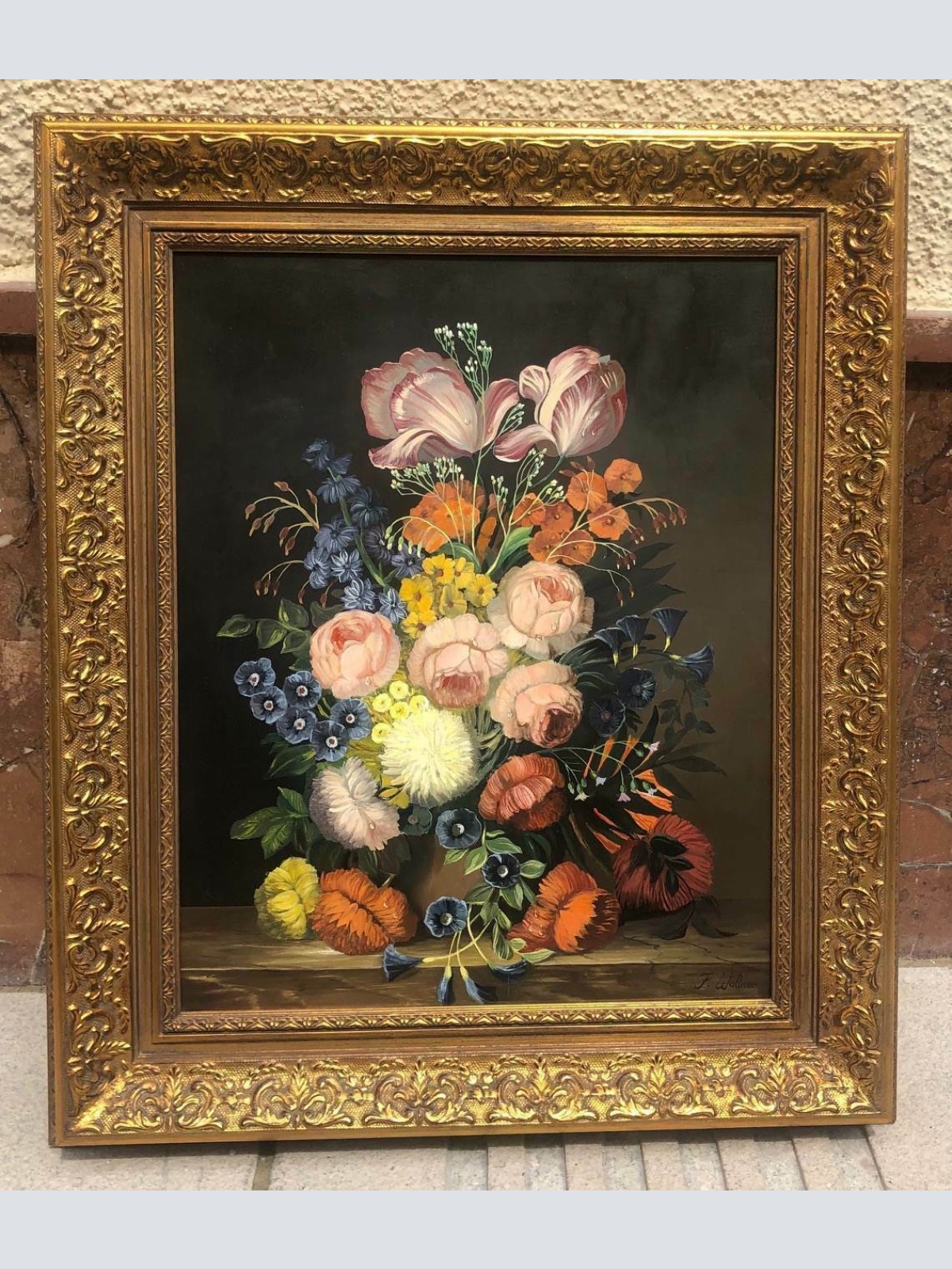 Blumen Stilleben sign. F. Wallner Öl auf Platte gerahmt 65 x 55 cm 42024