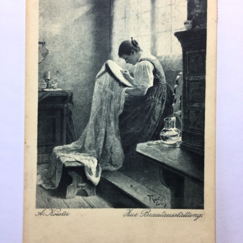 Zur Brautaustattung (A.Koester) - Frau näht Kleid - Künstlerkarte 50019 TH D