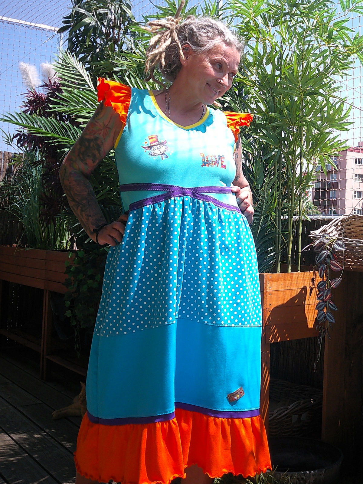 Patchwork Kleid aus Bambus Jersey mit Plotter Druck